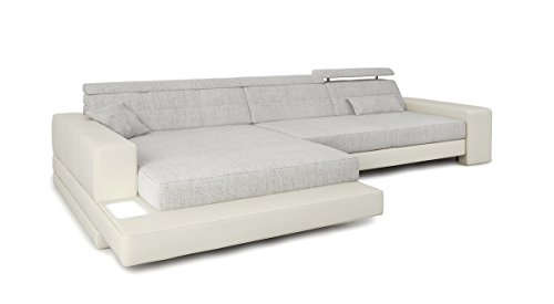 Ecksofa Couch L-Form weiß / grau platin Leder Wohnlandschaft + Stoff Sofa modern Eckcouch Designersofa mit LED-Licht Beleuchtung IMOLA III