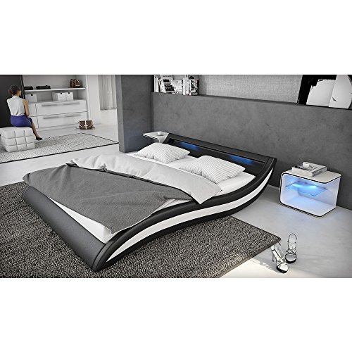 Polster-Bett 180x200 cm schwarz-weiß aus Kunstleder mit blauer LED-Beleuchtung | Accentox | Das Kunst-Leder-Bett ist ein edles Designer-Bett | Doppel-Bett 180 cm x 200 cm mit Lattenrost in Leder-Optik, Made in EU