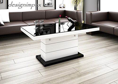 Design Couchtisch H-333 Weiß / Schwarz Hochglanz höhenverstellbar ausziehbar Tisch Wohnzimmertisch