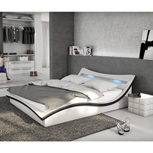 Polster-Bett 180x200 cm weiß-schwarz aus Kunstleder mit LED-Beleuchtung | Magari | Das Kunst-Leder-Bett ist ein Designer-Bett | Doppel-Betten 180 cm x 200 cm mit Lattenrost in Leder-Optik, Made in EU