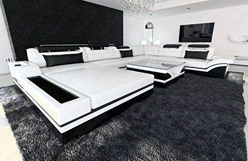 Leder Wohnlandschaft Mezzo XXL moderne Couch mit LED weiss - schwarz