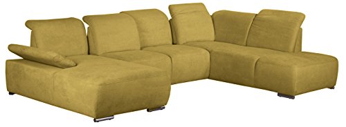 CAVADORE Wohnlandschaft Tabagos/U-Form mit Ottomane rechts/XXL Sofa mit Sitztiefenverstellung/Kopfteilverstellung/364 x 85-96 x 248 (B x H x T)/Farbe: Curry (gelb)
