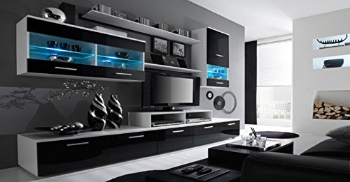 Home Innovation – Glanzlack Wohnwand, Wohnzimmer, Wohnzimmerschrank, Anbauwand, Esszimmer mit LEDs, weiß matt und schwarz lackiert, Maße: 250 x 194 x 42 cm, Tiefe.