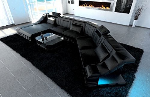 XXL Wohnlandschaft Turino CL Form schwarz-schwarz Sofa Couch Ecksofa Ledersofa Designersofa Ledercouch LED Licht beleuchtung Kopfstützen uvm.