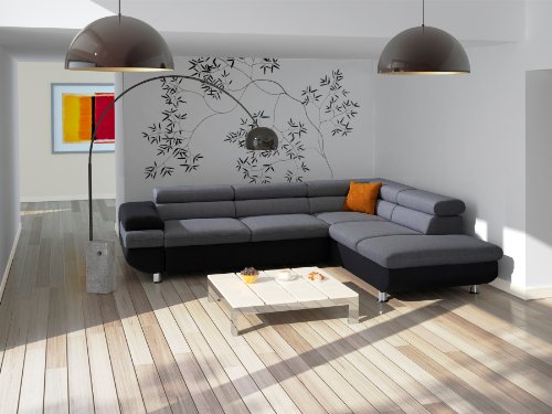 CAVADORE Ecksofa Caponelle mit Bett und Bettkasten/Moderne zweifarbige Couch inkl. Kopfstützen/267 x 72 x 226 cm (BxHxT)/Strukturstoff schwarz - grau