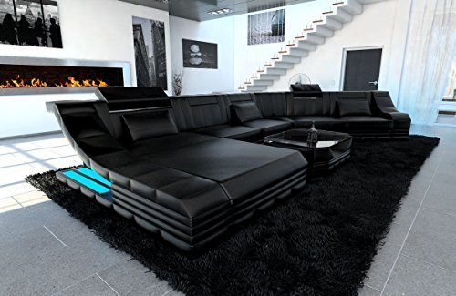 XXL Wohnlandschaft Turino CL Form schwarz-schwarz Sofa Couch Ecksofa Ledersofa Designersofa Ledercouch LED Licht beleuchtung Kopfstützen uvm.