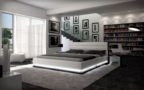 Polster-Bett 200x220 cm weiß aus Kunstleder mit LED-Beleuchtung am Fuß des Bettes | Inapir | Das Kunst-Leder-Bett ist ein edles Designer-Bett | Doppel-Bett 200 cm x 220 cm in Leder-Optik, Made in EU)