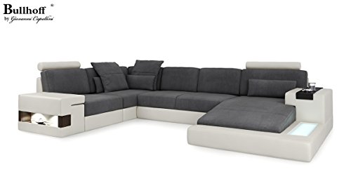 Design Sofa Couch Leder Wohnlandschaft XXL + Stoff U-Form Ecksofa mit LED-Licht Beleuchtung HAMBURG