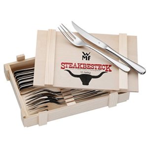 WMF Steakbesteck, 12-teilig, Steakgabel Steakmesser für 6 Personen, Cromargan Edelstahl poliert, in Holzkiste
