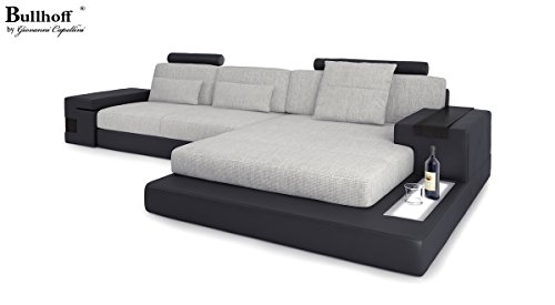 Design Sofa Couch Leder Wohnlandschaft + Stoff Ecksofa L-Form mit LED-Licht Beleuchtung HAMBURG III