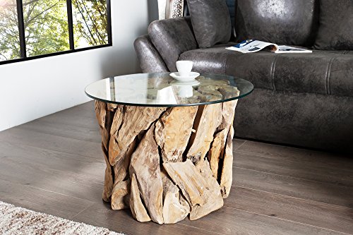 DuNord Design Couchtisch Treibholz Glastisch Glas Holz Tisch 60cm rund TEAK LOUNGE Massivholz