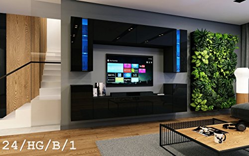 Wohnwand FUTURE 24 Moderne Wohnwand, Exklusive Mediamöbel, TV-Schrank, Neue Garnitur, Große Farbauswahl (RGB LED-Beleuchtung Verfügbar) (ohne LED, Schwarz Hochglanz)