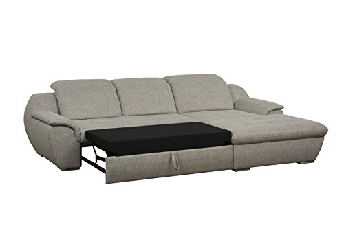 Cavadore Ecksofa Claanc mit großem Longchair und Bettfunktion / Eck-Sofa hellgrau mit ausziehbarem Bett und großer Liegefläche / Praktische Kopfteilverstellung / 277x77x177 cm (BxHxT) / Hellgrau