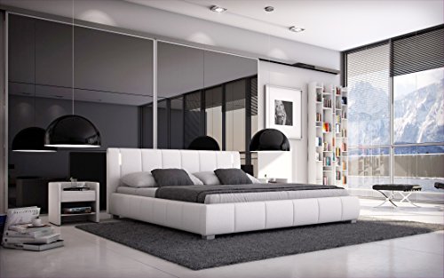 SAM Designer-Polsterbett 180x200 cm Leon, weiß, mit gepolstertem hohen Kopfteil, LED-Beleuchtung in modernem Design