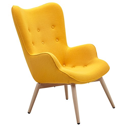 Designer Ohren-Sessel mit Armlehnen aus Webstoff in Gelb | Anjo | Club-Sessel im Retro-Design | Gestell aus Holz in Natur | 68 x 41 x 92 cm