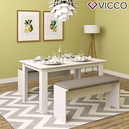 VICCO Tischgruppe 140 x 90 cm - 4 Personen - Esszimmer Esstisch Küche Sitzgruppe Tisch Bank - Bänke flexibel verstaubar (Weiß)