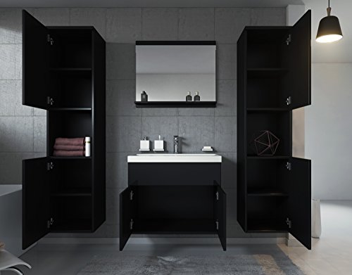 Badezimmer Badmöbel Montreal XL 60 cm Waschbecken Schwarz Hochglanz Fronten - Unterschrank Hochschrank Waschtisch Möbel