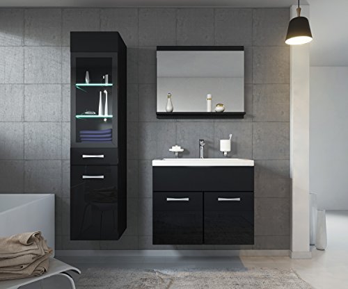 Badezimmer Badmöbel Rio LED 60 cm Waschbecken Hochglanz Schwarz Fronten - Unterschrank Hochschrank Waschtisch Möbel