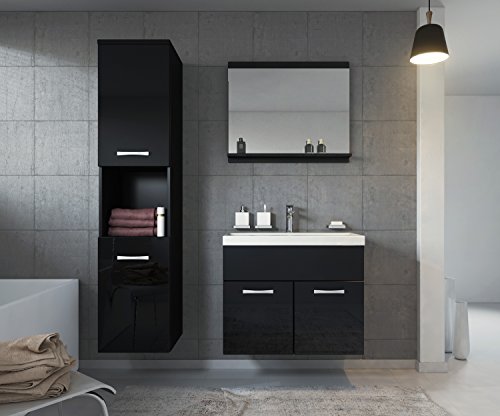 Badezimmer Badmöbel Montreal 60 cm Waschbecken Hochglanz Schwarz Fronten - Unterschrank Hochschrank Waschtisch Möbel