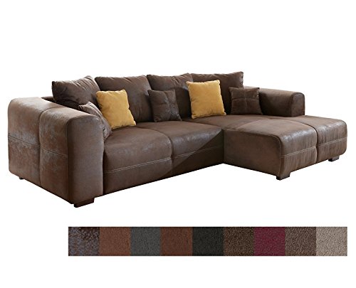 CAVADORE Ecksofa Mavericco/Polster Eck-Couch mit Kissen/In Antik-Leder-Optik mit nussbaumfarbenen Holzfüßen / 285x69x170 (BxHxT) / Braun