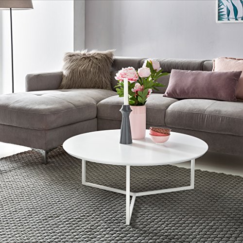 FineBuy Design Couchtisch WHITE 80 cm Rund Weiß Matt lackiert | Moderner Wohnzimmertisch MDF Holz | Lounge Sofa Tisch Metall Gestell
