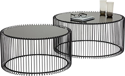 Kare 79577 Couchtisch Wire Black 2er Set, Schwarz, runder, moderner Glastisch, großer Beistelltisch, Kaffeetisch, Nachttisch, (H/B/T) 30,5xØ60cm & 33,5xØ69,5cm