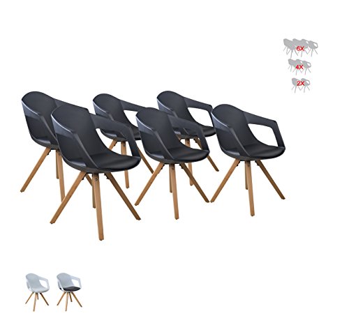 i-flair® Set Esszimmerstuhl / Sessel / Küchenstuhl MIT ARMLEHNE aus Holz mit Sitzschale + Sitzkissen aus Kunstleder (6, Schwarz)