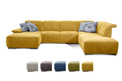 CAVADORE Wohnlandschaft Tabagos / U-Form mit Ottomane rechts / XXL Sofa mit Sitztiefenverstellung / Verstellbare Rückenlehnen / 364x85x248 / Gelb
