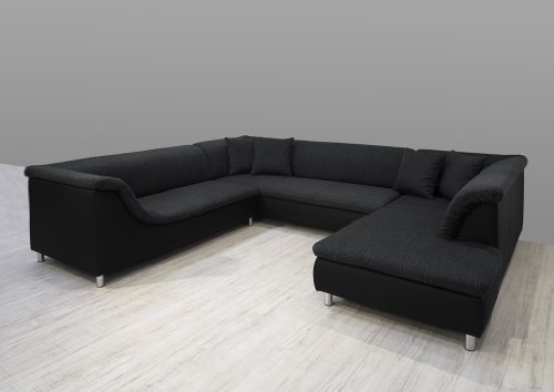 Dreams4Home Polsterecke Loree; Sofa Wohnlandschaft Ecksofa Couch XXL U-Form grau schwarz, Aufbauvariante:Ottomane links davorstehend