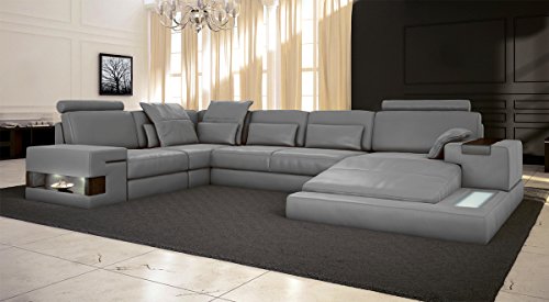 Ledersofa grau Wohnlandschaft Leder Sofa Couch U-Form Ecksofa Ledercouch Eckcouch mit LED-Licht Beleuchtung Designsofa HAMBURG