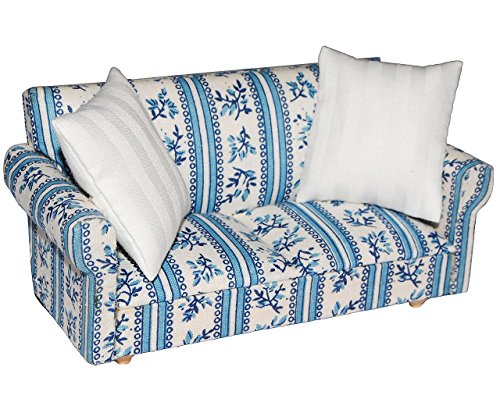 Miniatur Sofa / Couch mit 2 Kissen - für Puppenstube Maßstab 1:12 - blau & weiß gemustert - Puppenhaus / Puppenhausmöbel Sessel Wohnzimmer Klein - für Wohnzimmerlandschaft - Puppensofa - Möbel - Wohnlandschaft - Miniatur Diorama