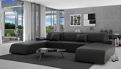 SalesFever Wohn-Landschaft mit Schlaffunktion in schwarz 310x212 cm U-Form | Lavia-U | Sofa-Garnitur aus Kunstleder mit 2 Recamieren | Couch ausziehbar für Wohnzimmer schwarz 310cm x 212cm