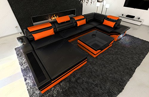 Sofa Dreams Leder Wohnlandschaft Mezzo als U Form mit LED Beleuchtung