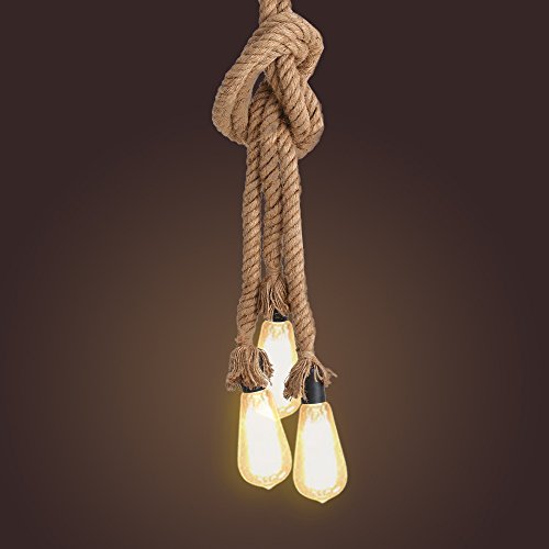 Tomshine Vintage Hanfseillampe Hängelampe Pendelleuchte Seilleuchte 1m mit 3 E27 Lampenfassungen für Küche, Bar, Fundament, Lager, Bauernhof (Ohne Birne)