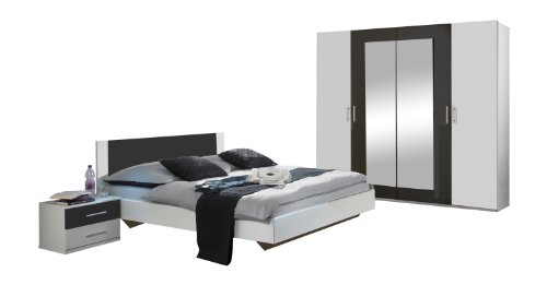 Wimex Schlafzimmer Set Nora, bestehend aus Bett, Nachschrank-Set und Kleiderschrank, Liegefläche 180 x 200 cm, Weiß/ Absetzung Anthrazit