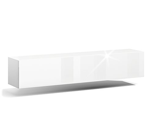 RODRIGO TV Lowboard Hängeboard Hochglanz Board Schrank Wohnwand weiß 160cm (korpus matt weiß+Front weiß Hochglanz)