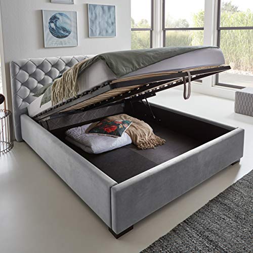 Designer Bett mit Bettkasten ELSA Samt-Stoff Polsterbett Lattenrost Doppelbett Stauraum Holzfuß schwarz (Grau, 140 x 200 cm)