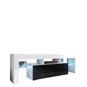 Mirjan24 TV Board Lowboard Toro 138, TV Lowboard mit Grifflose Öffnen, Unterschrank, Sideboard Mediaboard, Fernsehschrank, Mediaboard (mit blauer LED Beleuchtung, Weiß/Schwarz Hochglanz)