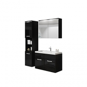 Badmöbel Set Paso mit Waschbecken und Siphon, Modernes Badezimmer, Komplett, Spiegelschrank, Waschtisch, Hochschrank, Hängeschrank Möbel (mit Weißer LED Beleuchtung, Schwarz/Schwarz Hochglanz)