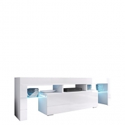 Mirjan24 TV Board Lowboard Toro 138, TV Lowboard mit Grifflose Öffnen, Unterschrank, Sideboard Mediaboard, Fernsehschrank, Mediaboard (mit blauer LED Beleuchtung, Weiß/Weiß Hochglanz)