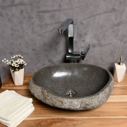 Wohnfreuden Naturstein – Waschbecken Schönes Steinwaschbecken 40 cm aus Flussstein Findling rund aussen natur ❘ Versandkostenfrei ✓