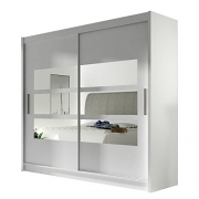 Kleiderschrank mit Spiegel London III, Schwebetürenschrank, Schiebetürenschrank, Modernes Schlafzimmerschrank 180x215x57cm, Garderobe, Schlafzimmer (Weiß)