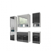 Badmöbel Set Bella III mit Waschbecken und Siphon, Modernes Badezimmer, Komplett, Spiegelschrank, Waschtisch, Hochschränk, Hängeschrank Möbel (Weiß/Nuss Schwarz Hochglanz)