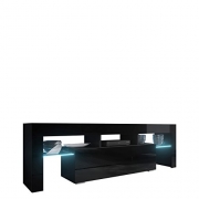 Mirjan24 TV Board Lowboard Toro 138, TV Lowboard mit Grifflose Öffnen, Unterschrank, Sideboard Mediaboard, Fernsehschrank, Mediaboard (mit blauer LED Beleuchtung, Schwarz/Schwarz Hochglanz)
