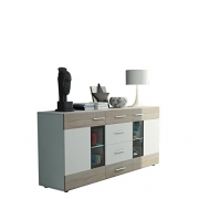 Kommode Twist Anrichte Highboard Sideboard Schrank Naturtöne Mehrzweckschrank Wohnzimmerschrank, Anrichte (mit weißer LED Beleuchtung, Weiß / Eiche Sonoma + Weiß)