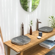 WOHNFREUDEN Naturstein Waschbecken extraflach oval 40 cm – 50 cm aussen natur ✓ einzeln fotografiert + Auswahl passender Stein-Waschbecken aus Bildergalerie ✓ Aufsatz-Waschbecken Bad Gäste WC
