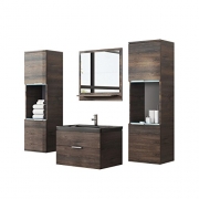 Badmöbel Set Kala inkl. Waschbecken, Siphon und RGB LED-Beleuchtung, Modernes Badezimmer, Komplett mit Spiegel, Waschtisch, Hängeschrank, Möbel (mit Waschbecken schwarz, esche dunkel)