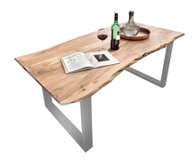 Esszimmer-Tisch mit Metall-Fuß aus Massiv-Holz 160×85 cm recht-eckig | Salito Ess-Tisch | Holz-Tisch mit Baum-Kante und Kufen-Gestell in silber | Rustikaler naturbelasser baumkante-tisch aus Akazie 160cm x 85cm